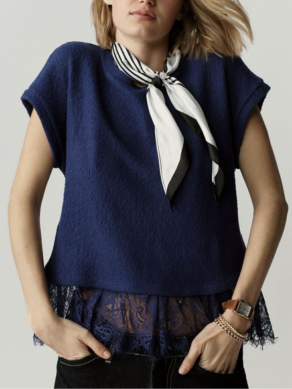 Maeve Navy Short Sleeve Lace-Hem Top